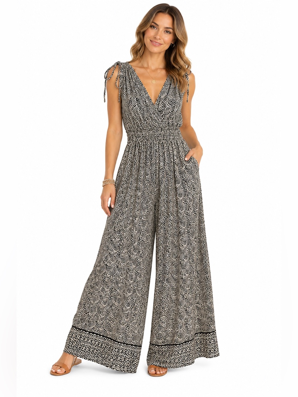 Patrons of Peace Black White Rayon Wide Leg Jumpsuit S Tie Shoulder Boho Resort